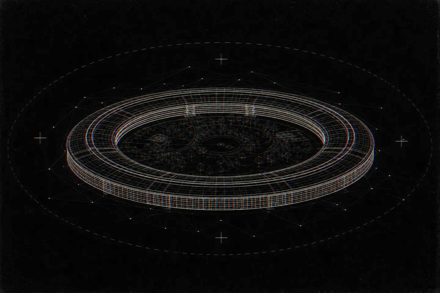 Wireframe survey of a circular ring building, AR anchor plot